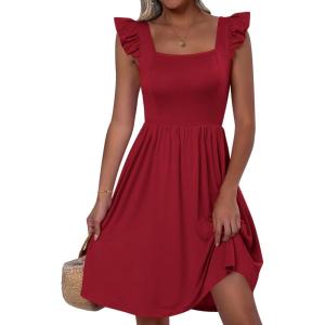 imageANRABESS Womens Summer Short Dress 2025 Square Neck Sleeveless A Line Ruffled Wedding Casual Cute Teen Beach Mini SundressWine Red