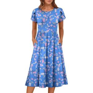 imageANRABESS Womens Summer Short Sleeve ALine Midi Dresses Casual Floral TShirt Dresses Flowy Beach Sundress with PocketsBlue Pink Flower