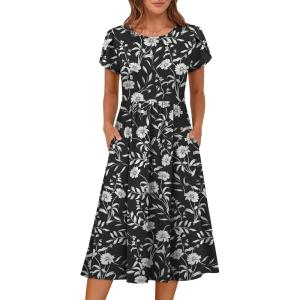 imageANRABESS Womens Summer Short Sleeve ALine Midi Dresses Casual Floral TShirt Dresses Flowy Beach Sundress with PocketsPrint Black Floral