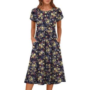 imageANRABESS Womens Summer Short Sleeve ALine Midi Dresses Casual Floral TShirt Dresses Flowy Beach Sundress with PocketsPrint Yellow Leaf