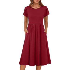 imageANRABESS Womens Summer Short Sleeve ALine Midi Dresses Casual Floral TShirt Dresses Flowy Beach Sundress with PocketsRed