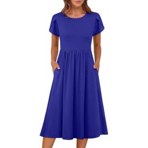 imageANRABESS Womens Summer Short Sleeve ALine Midi Dresses Casual Floral TShirt Dresses Flowy Beach Sundress with PocketsRoyal Blue