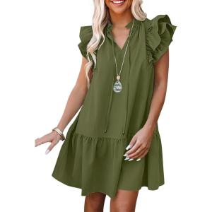 imageANRABESS Womens Summer VNeck Drawstring Ruffle Cap Short Sleeve Casual Shift Mini Dress with PocketsArmy Green
