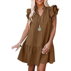 imageANRABESS Womens Summer VNeck Drawstring Ruffle Cap Short Sleeve Casual Shift Mini Dress with PocketsCamel