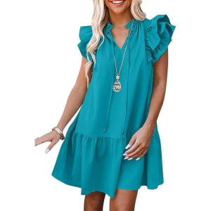 imageANRABESS Womens Summer VNeck Drawstring Ruffle Cap Short Sleeve Casual Shift Mini Dress with PocketsLake