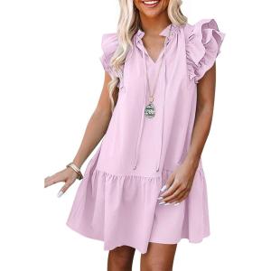 imageANRABESS Womens Summer VNeck Drawstring Ruffle Cap Short Sleeve Casual Shift Mini Dress with PocketsPink