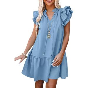 imageANRABESS Womens Summer VNeck Drawstring Ruffle Cap Short Sleeve Casual Shift Mini Dress with PocketsSky Blue