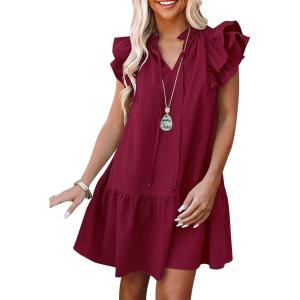 imageANRABESS Womens Summer VNeck Drawstring Ruffle Cap Short Sleeve Casual Shift Mini Dress with PocketsWine Red