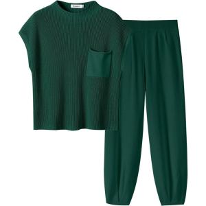 imageANRABESS Womens Two Piece Outfits Knit Sweater Vest Crop Top Pants Lounge Matching Tracksuit Sweatsuit Travel Clothes SetsDark Green