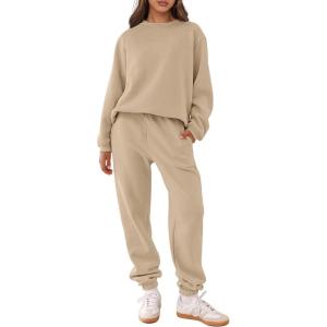 imageANRABESS Womens Two Piece Outfits Sweatsuit Lounge Set Long Sleeve Crewneck Sweatshirt Jogger Pants Tracksuit 2025 Fall SetsBrown