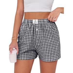 imageANRABESS Boxer Shorts for Women Gingham Pajama 2025 Summer Casual Lounge Sleep Plaid Shorts Y2K Beach BottomsBlack White Plaid
