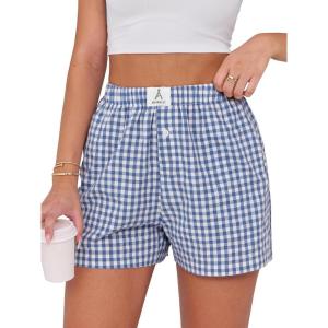imageANRABESS Boxer Shorts for Women Gingham Pajama 2025 Summer Casual Lounge Sleep Plaid Shorts Y2K Beach BottomsBlue White Plaid