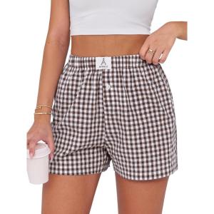 imageANRABESS Boxer Shorts for Women Gingham Pajama 2025 Summer Casual Lounge Sleep Plaid Shorts Y2K Beach BottomsBrown White Plaid