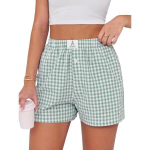imageANRABESS Boxer Shorts for Women Gingham Pajama 2025 Summer Casual Lounge Sleep Plaid Shorts Y2K Beach BottomsGreen White Plaid