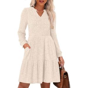 imageANRABESS Long Sleeve Dress for Women Fall Fashion Outfits 2025 Casual V Neck Rib Knit Babydoll Sweater Dresses with PocketsLight Khaki