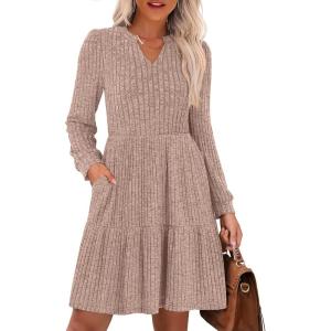 imageANRABESS Long Sleeve Dress for Women Fall Fashion Outfits 2025 Casual V Neck Rib Knit Babydoll Sweater Dresses with PocketsTan