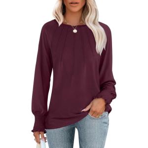 imageANRABESS Long Sleeve Shirts for Women 2025 Fall Dressy Casual Tops Pleated Crewneck Loose Basic Blouses FashionBurgundy