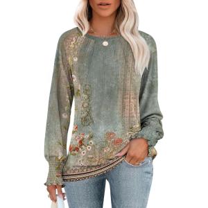 imageANRABESS Long Sleeve Shirts for Women 2025 Fall Dressy Casual Tops Pleated Crewneck Loose Basic Blouses FashionFloral Print