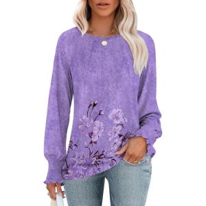 imageANRABESS Long Sleeve Shirts for Women 2025 Fall Dressy Casual Tops Pleated Crewneck Loose Basic Blouses FashionFloral Purple