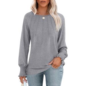 imageANRABESS Long Sleeve Shirts for Women 2025 Fall Dressy Casual Tops Pleated Crewneck Loose Basic Blouses FashionGrey