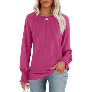 imageANRABESS Long Sleeve Shirts for Women 2025 Fall Dressy Casual Tops Pleated Crewneck Loose Basic Blouses FashionHot Pink