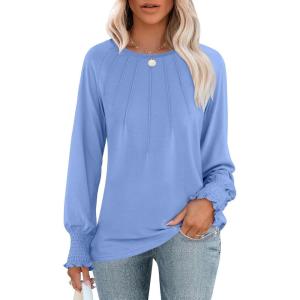 imageANRABESS Long Sleeve Shirts for Women 2025 Fall Dressy Casual Tops Pleated Crewneck Loose Basic Blouses FashionLight Blue