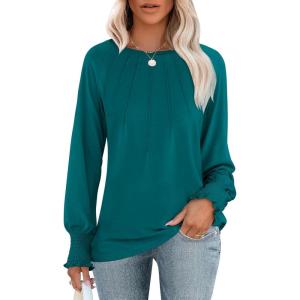 imageANRABESS Long Sleeve Shirts for Women 2025 Fall Dressy Casual Tops Pleated Crewneck Loose Basic Blouses FashionMidnight Green