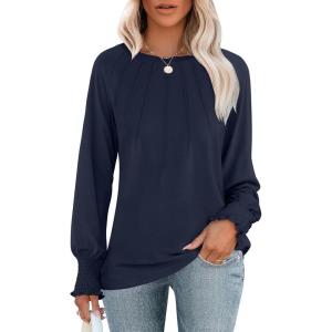 imageANRABESS Long Sleeve Shirts for Women 2025 Fall Dressy Casual Tops Pleated Crewneck Loose Basic Blouses FashionNavy Blue