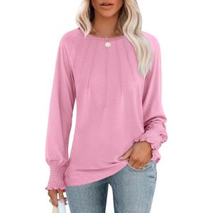 imageANRABESS Long Sleeve Shirts for Women 2025 Fall Dressy Casual Tops Pleated Crewneck Loose Basic Blouses FashionPink