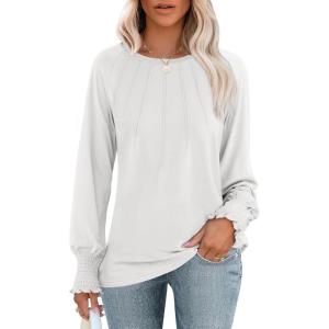 imageANRABESS Long Sleeve Shirts for Women 2025 Fall Dressy Casual Tops Pleated Crewneck Loose Basic Blouses FashionWhite