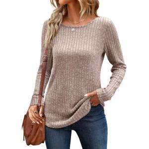 imageANRABESS Long Sleeve Shirts for Women Crewneck Tunic Tops Business Casual Fit Fall Lightweight Sweaters Fashion Clothes 2025Tan