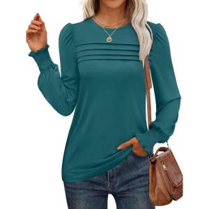 imageANRABESS Long Sleeve Shirts for Women Fall Fashion 2025 Dressy Casual Blouses Trendy Pleated Tunic Tops OutfitsBlue Green