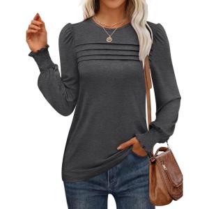 imageANRABESS Long Sleeve Shirts for Women Fall Fashion 2025 Dressy Casual Blouses Trendy Pleated Tunic Tops OutfitsGrey