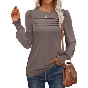 imageANRABESS Long Sleeve Shirts for Women Fall Fashion 2025 Dressy Casual Blouses Trendy Pleated Tunic Tops OutfitsKhaki