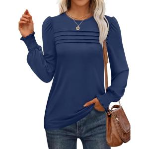 imageANRABESS Long Sleeve Shirts for Women Fall Fashion 2025 Dressy Casual Blouses Trendy Pleated Tunic Tops OutfitsNavy Blue