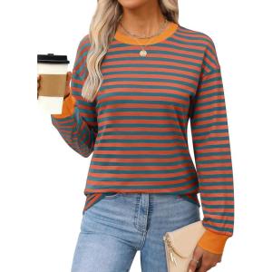 imageANRABESS Long Sleeve Shirts for Women Striped Crewneck Loose Fit Tunic Tops 2025 Fall Color Block TShirtBright Orange Stripes Combo