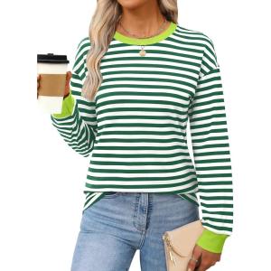 imageANRABESS Long Sleeve Shirts for Women Striped Crewneck Loose Fit Tunic Tops 2025 Fall Color Block TShirtGreen Stripes Combo
