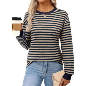 imageANRABESS Long Sleeve Shirts for Women Striped Crewneck Loose Fit Tunic Tops 2025 Fall Color Block TShirtKhaki Stripes Combo