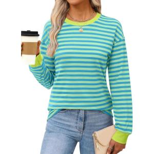 imageANRABESS Long Sleeve Shirts for Women Striped Crewneck Loose Fit Tunic Tops 2025 Fall Color Block TShirtLight Green Stripes Combo
