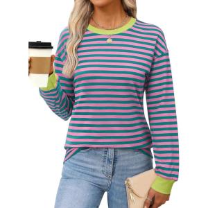 imageANRABESS Long Sleeve Shirts for Women Striped Crewneck Loose Fit Tunic Tops 2025 Fall Color Block TShirtPink Stripes Combo