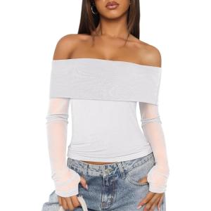 imageANRABESS Off Shoulder Tops for Women Mesh Long Sleeve Floral Lace Slim Fit Blouses Shirts 2025 Y2K Going Out Fall ClothesWhite
