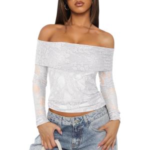 imageANRABESS Off Shoulder Tops for Women Mesh Long Sleeve Floral Lace Slim Fit Blouses Shirts 2025 Y2K Going Out Fall ClothesWhite Floral