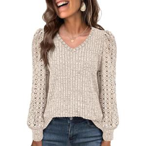 imageANRABESS Shirts for Women Lace Long Sleeve V Neck Tunic Tops Casual Loose Fit Blouses Lightweight Sweaters 2025 Fall ClothesLight Khaki