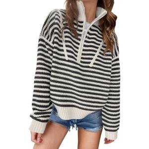 imageANRABESS Sweaters for Women Striped Half Zip Long Sleeve Ribbed Knit Pullover Comfy Casual Lightweight Tops 2025 Fall FashionStriped Black Beige