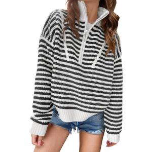 imageANRABESS Sweaters for Women Striped Half Zip Long Sleeve Ribbed Knit Pullover Comfy Casual Lightweight Tops 2025 Fall FashionStriped Black White