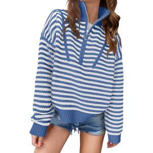 imageANRABESS Sweaters for Women Striped Half Zip Long Sleeve Ribbed Knit Pullover Comfy Casual Lightweight Tops 2025 Fall FashionStriped Blue White