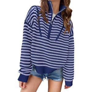 imageANRABESS Sweaters for Women Striped Half Zip Long Sleeve Ribbed Knit Pullover Comfy Casual Lightweight Tops 2025 Fall FashionStriped Navy Purple