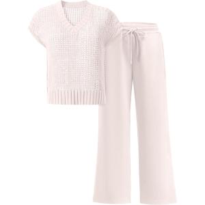 imageANRABESS Women 2 Piece Lounge Sets Crochet Knit Sweater Vest Wide Leg Pants Summer Casual Travel Matching Outfits ClothesBeige