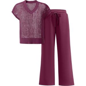 imageANRABESS Women 2 Piece Lounge Sets Crochet Knit Sweater Vest Wide Leg Pants Summer Casual Travel Matching Outfits ClothesPurple Red