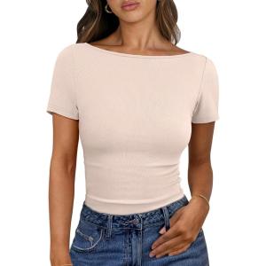imageANRABESS Women Boat Neck Tops Short Sleeve TShirts Ribbed Knit Tight Fitted Basic Tees Shirts 2025 Summer ClothesBeige